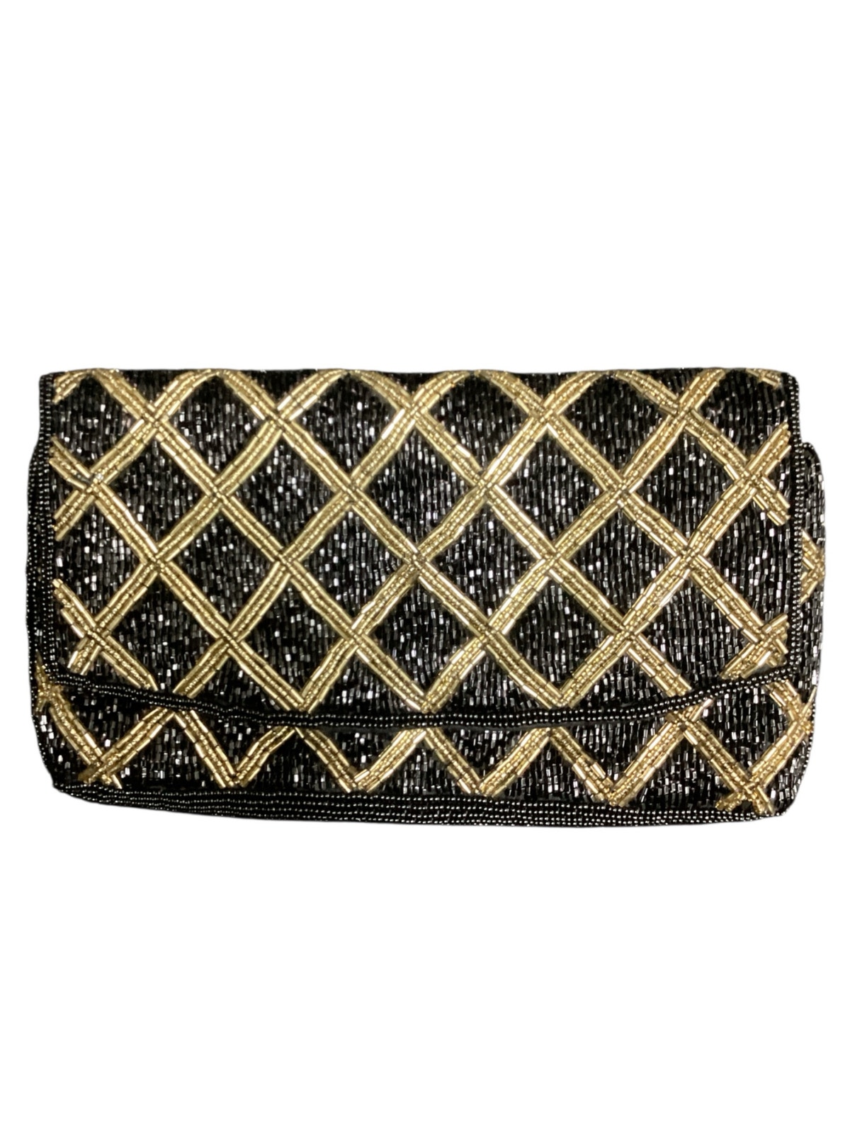 Vtg Purse Women’s 1size Beaded Small Clutch Style No Strap Shiny Black And Gold